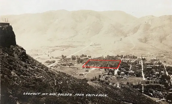  early 20th century postcard view of Golden with a 2 square block area full of trees boxed in red