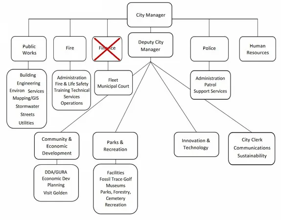 Org chart with City Manager on top, Finance Director second row, crossed out in red