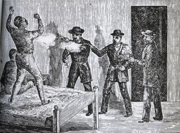 pen & ink drawing show three men pointing guns at a man standing on a bed.  2 of the guns appear to be firing.