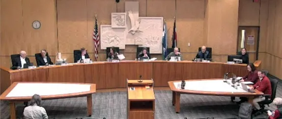 Councilors Haseman, Reed, Vitry, Weinberg, Evans, Fisher, and Cameron, plus the city clerk at the desk during council meeting