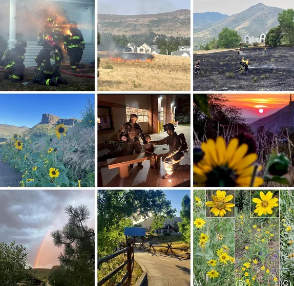 9 images of Golden in July, including a grass fire, the new firefighter sculpture, sunflowers, and a rainbow