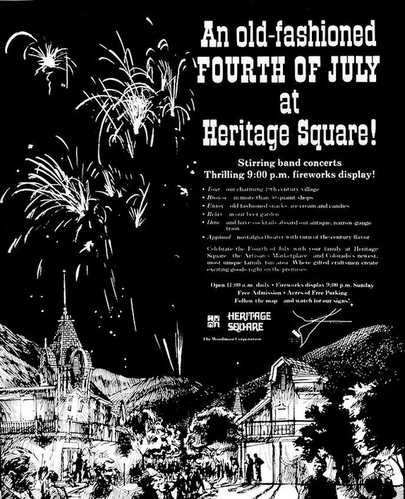 drawing showing Heritage Square buildings with a night sky and fireworks above