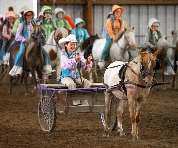 little girl in cowboy hat driving a pony cart