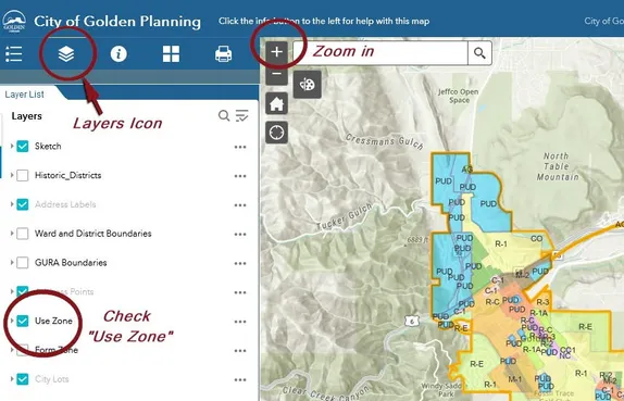 image of a GIS mapping app with Layers Icon, Use Zone menu item, and zoom button circled