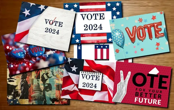 Get-out-the-vote postcards spread over a wooden surface