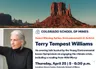 flyer for a talk by Terry Tempest Williams on Thursday, 4/25 at 5PM - silver-haired woman and image of Arizona desert